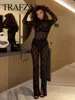 TRAFZA 2pcs Lace Pants Sets For Women Fashion Trend Hollow Out Slim Jumpsuits + Flare Pants Versatile Women's Long Leggings 3