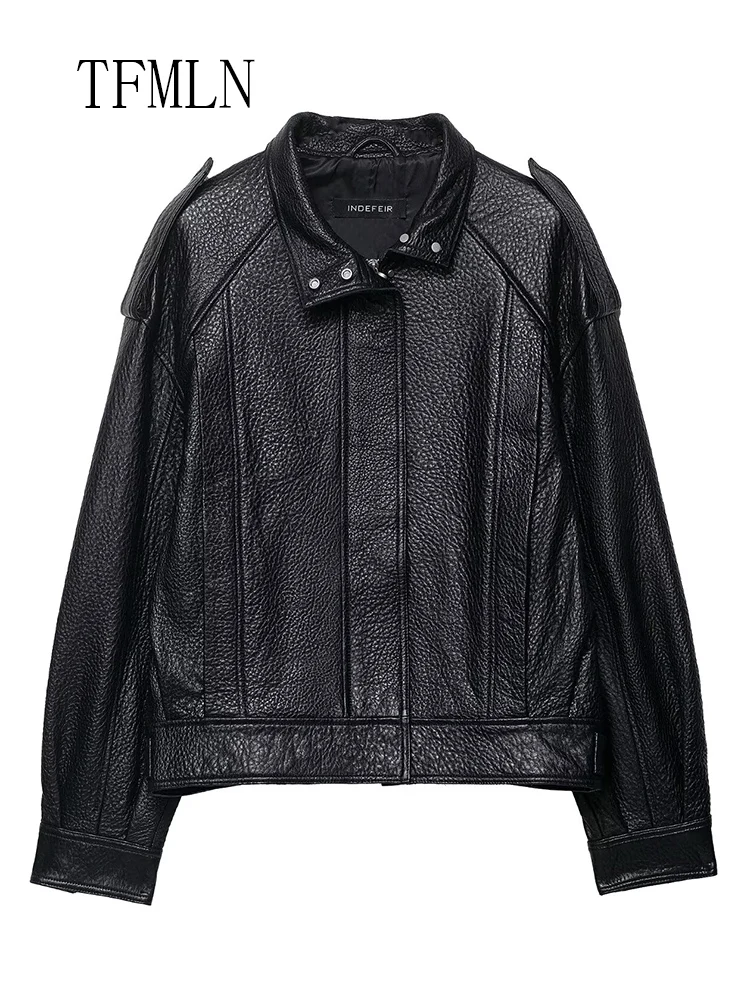 2025 Autumn Street Faux Leather Jackets Women Fashion Solid Zippers Stand Collar Full Sleeve Loose Jacket Causal Lady Outwears