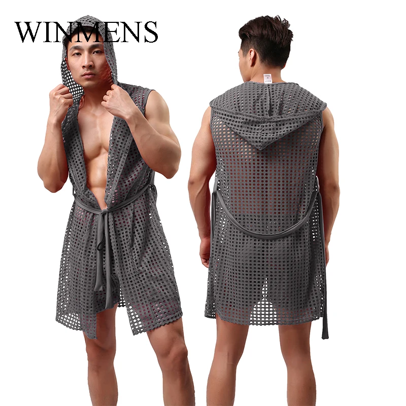 

Men's Fishnet One Piece Pajama Gay Sexy Cut-outs See Through Hooded Bathrobe Summer Breathable Loungewear Home Sheer Nightgown