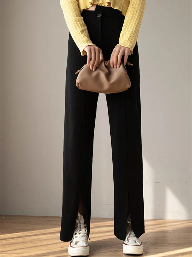 

Korean Style Casual Split Zipper Buttons Trousers Woman Fashion Office Ladies Black Straight Pants Female High Waist Long Pants