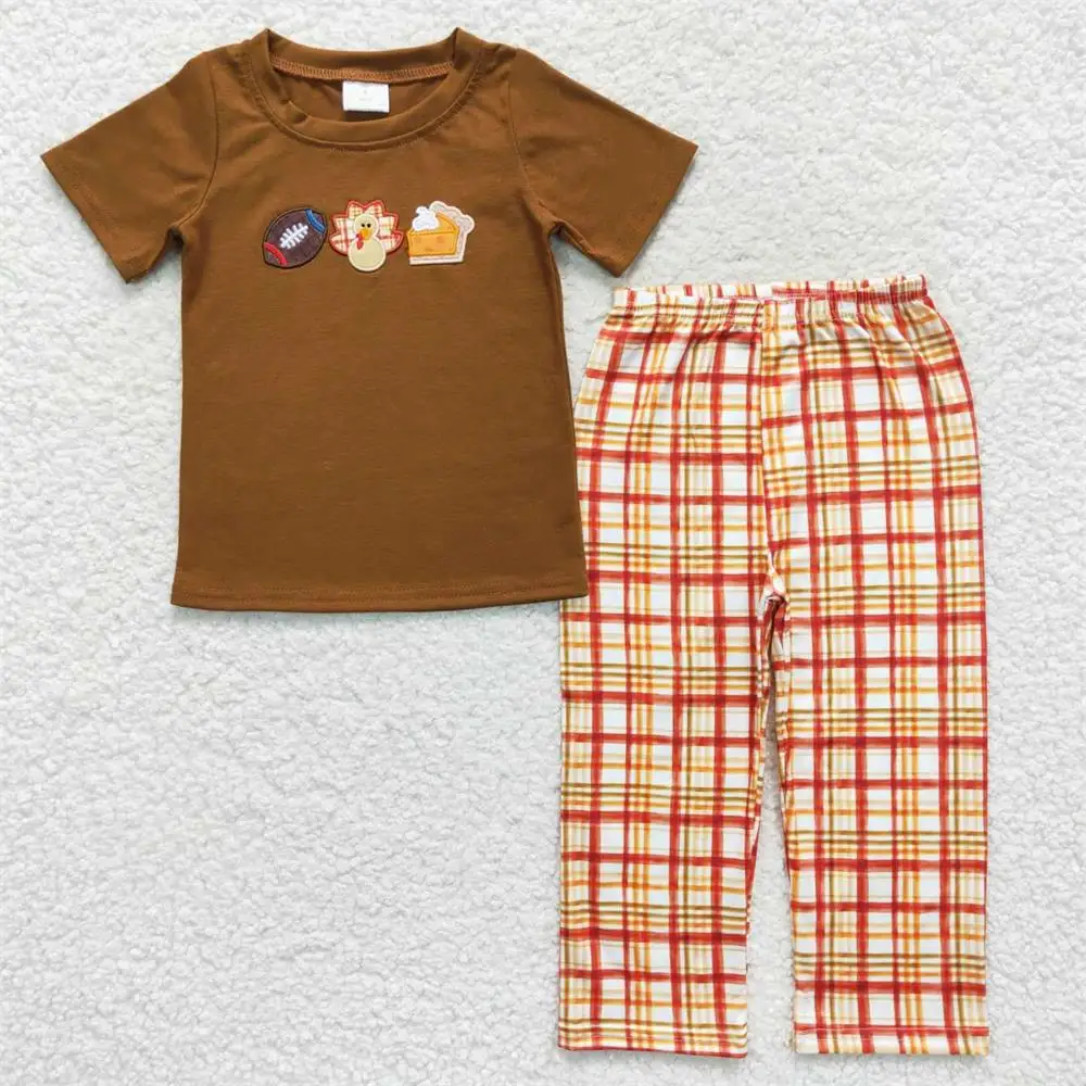 

Wholesale Baby Boy Short Sleeves turkey Pumpkin Pie Ball Embroidery Kids Set Toddler Children Plaid Pants Thanksgiving Outfit