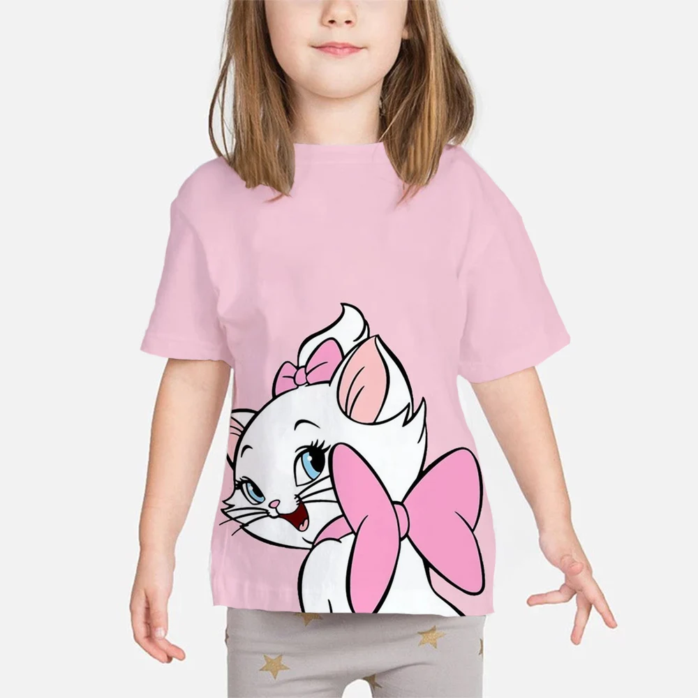 

children cute pink pattern T-shirt round neck cartoon shirt Beautiful girl T-shirt Disney Marie Cat cartoon print summer T-shirt