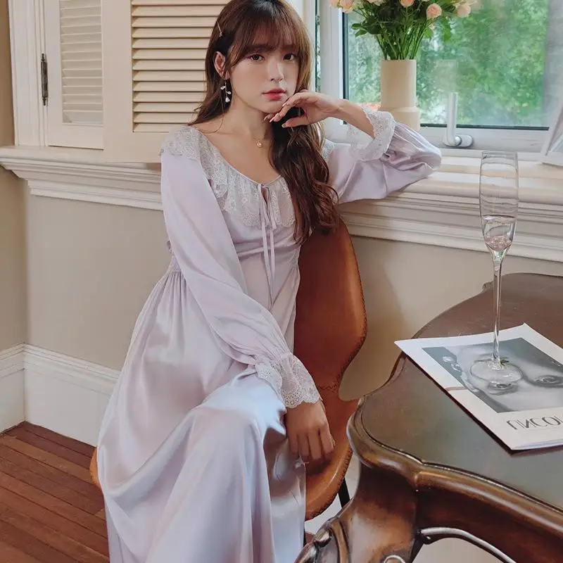 

Satin Sleepdress Women Lace Patchwork Nightgown With Bowknot Loungewear Sexy Palace Style Nightdress Kimono Dressing Gown
