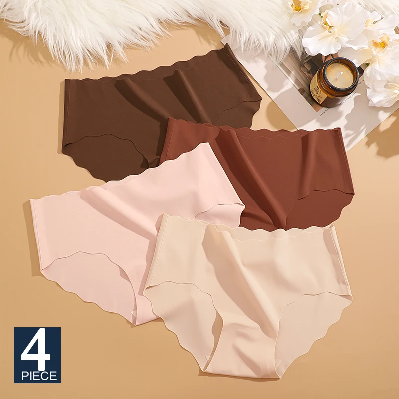 

FineTOO 4Pcs/Set Ice Silk Traceless Wave Girl Underwear Solid Color Breathable Low Waist One Piece Women's Triangle Underwear
