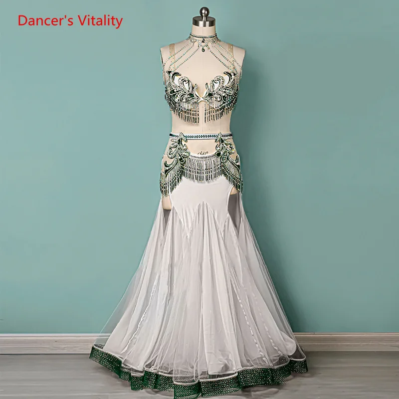 

Женский костюм для танца живота, юбка из пряжи с блестящими стразами и кисточками и высокой талией, одежда для восточных танцев, наряд на заказ