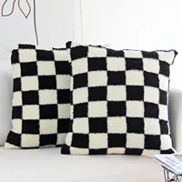 Black Faux Fur Wool Throw Pillow Cover Checked Cushion Cover for Sofa Couch Living Room Polyester Lumbar Pillow Home Decoration 1
