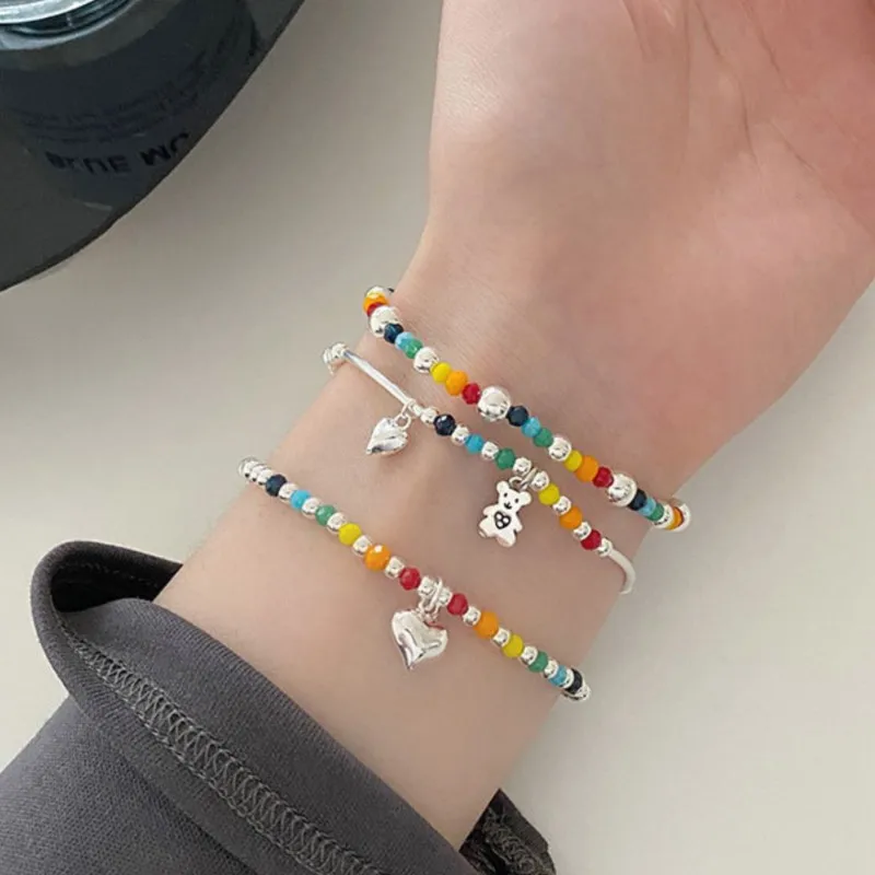 Rainbow Bear Love Beaded Pendants Bracelet for Women Y2K Elegant Trendy Handmade Bead Chain Party Jewelry Gifts