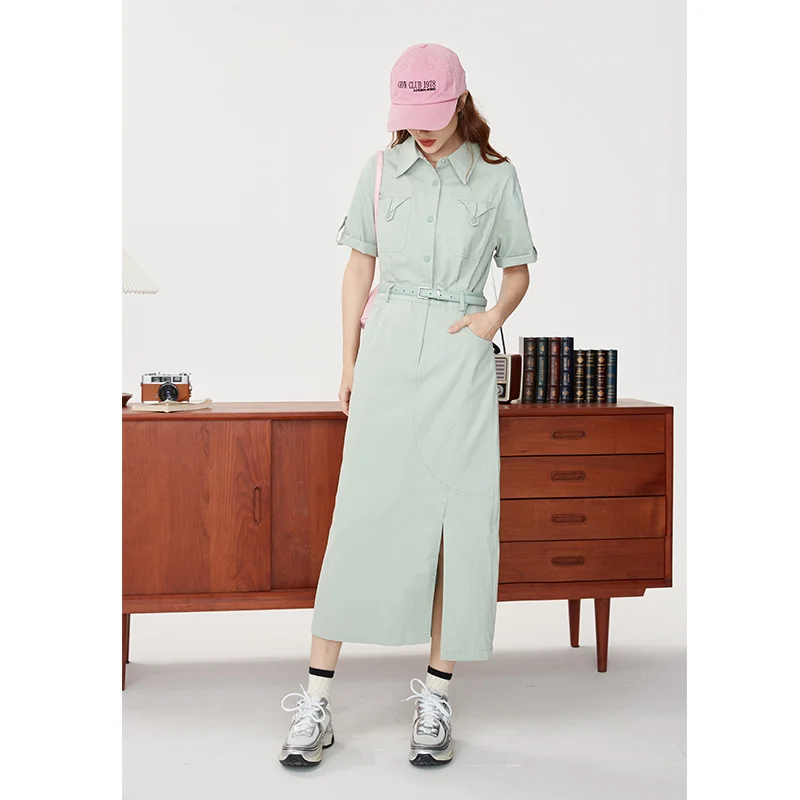 100% 코튼 Kurenmavi Workwear 달콤한 멋진 짧은 소매 드레스 여성 여름 2024 새로운 슬리밍 사이드 슬릿 스커트