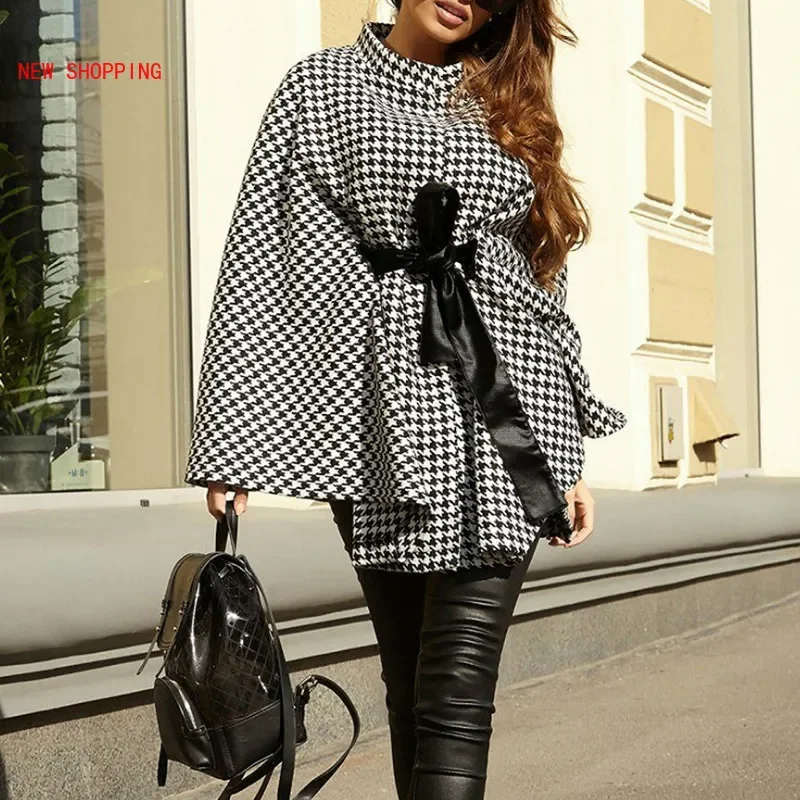 Black Cloak Women Fashion Houndstooth Cape Coat Autumn Winter Elegant Long Sleeve Pullover Sashes Casual Wool Oversize Overcoat american spider sweater knit men s jumpers autumn winter wool pullovers hip hop harajuku y2k vintage oversize knitted sweater