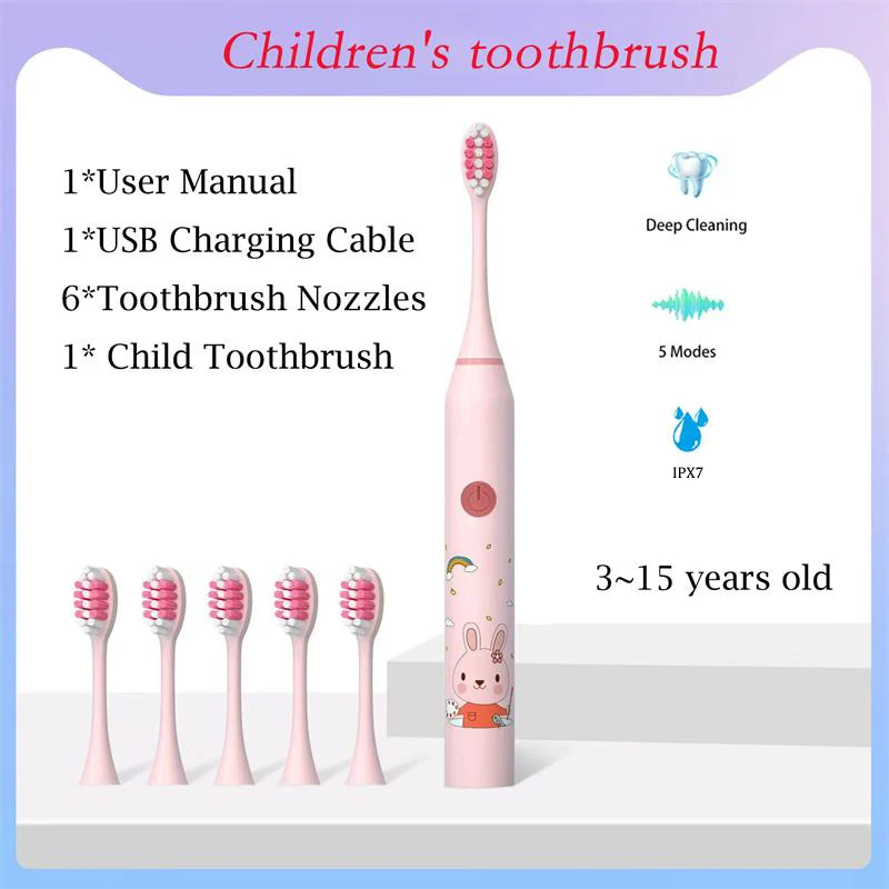 Child's Sonic Electric Toothbrush USB Charging Ultrasonic Clean With Replacing brush head Cartoon Lovely Children's brush Kid's 5