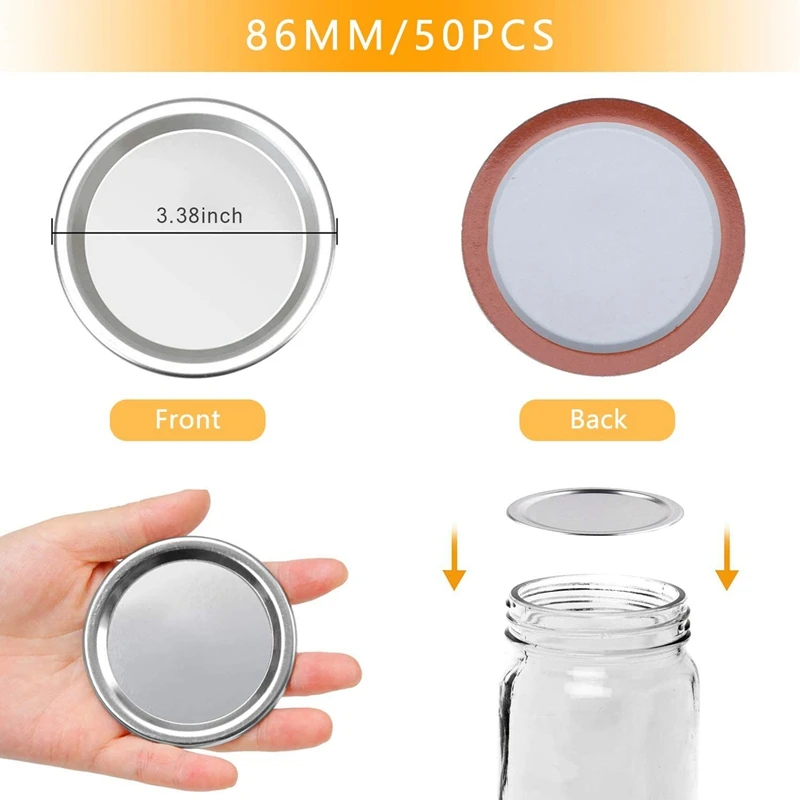 Wide Mouth 86 MM Jar Canning Lids Reusable Leak Proof Split-Type Silver Lids With Silicone Seals Rings 50 Pcs