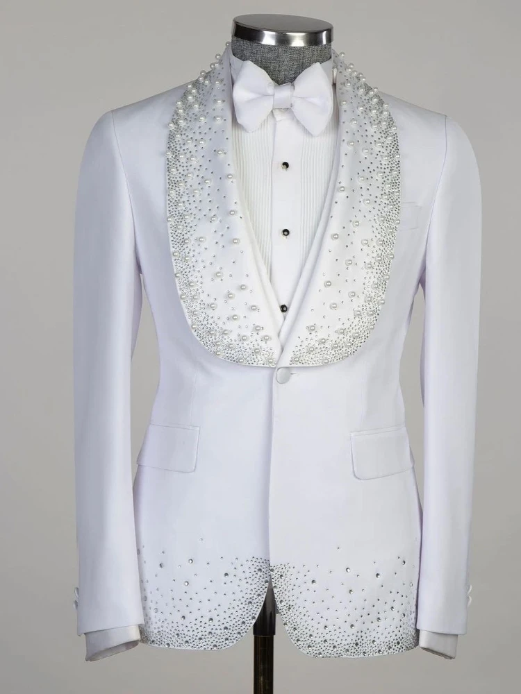 Blazer Vest Men Suits Appliques One Button Wide Lapel Formal Diamonds Beads Party Wedding Host Plus Size Custom Made Tailored