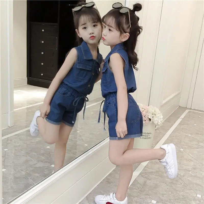 

Baby Girls Clothing Sets 2023 Summer Shirt + Shorts Pants Kid Clothes Teenager 5 6 7 8 9 10 11 12 Years Children Denim Tracksuit