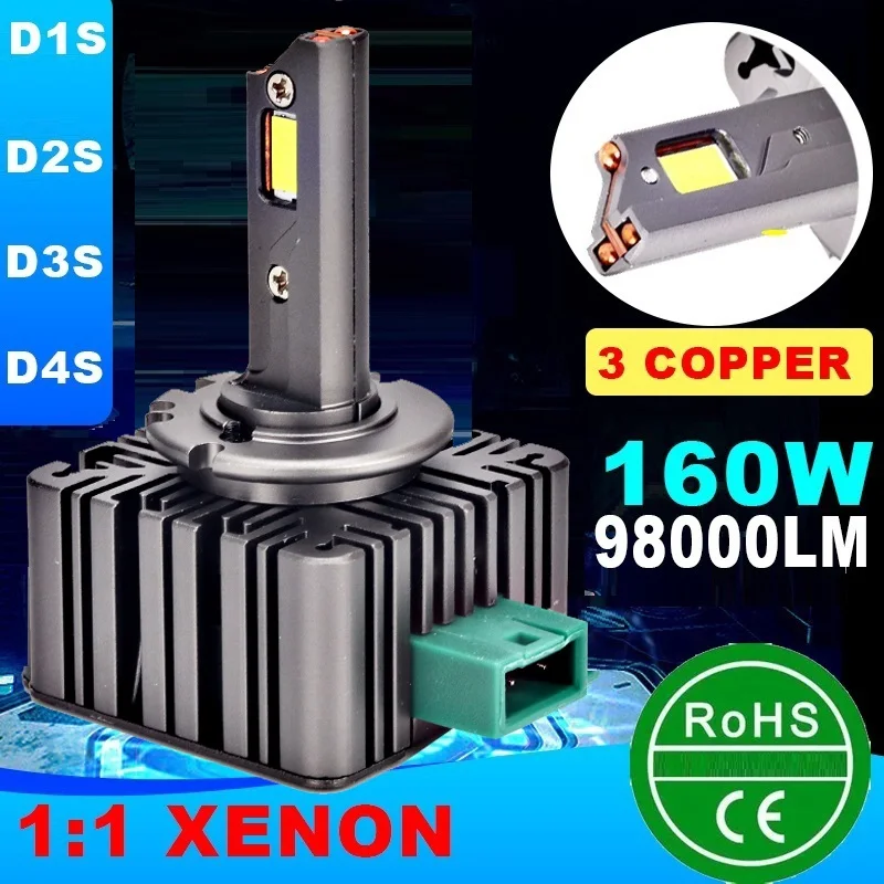 160W 98000LM D1S D3S D2S D4S auto светодиодный передняя фара 6500k белая фотовспышка с 3 медными трубками