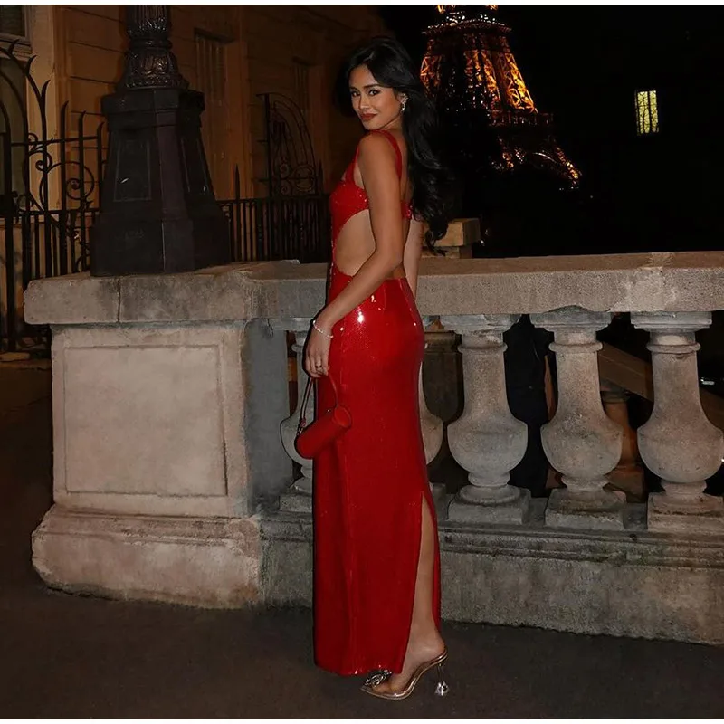 Sexy Square Neck Sling Long Dress Women Shinny Backless Hollow Out Sleeveless Slim Maxi Dresses New Lady Party Club Gowns ﻿