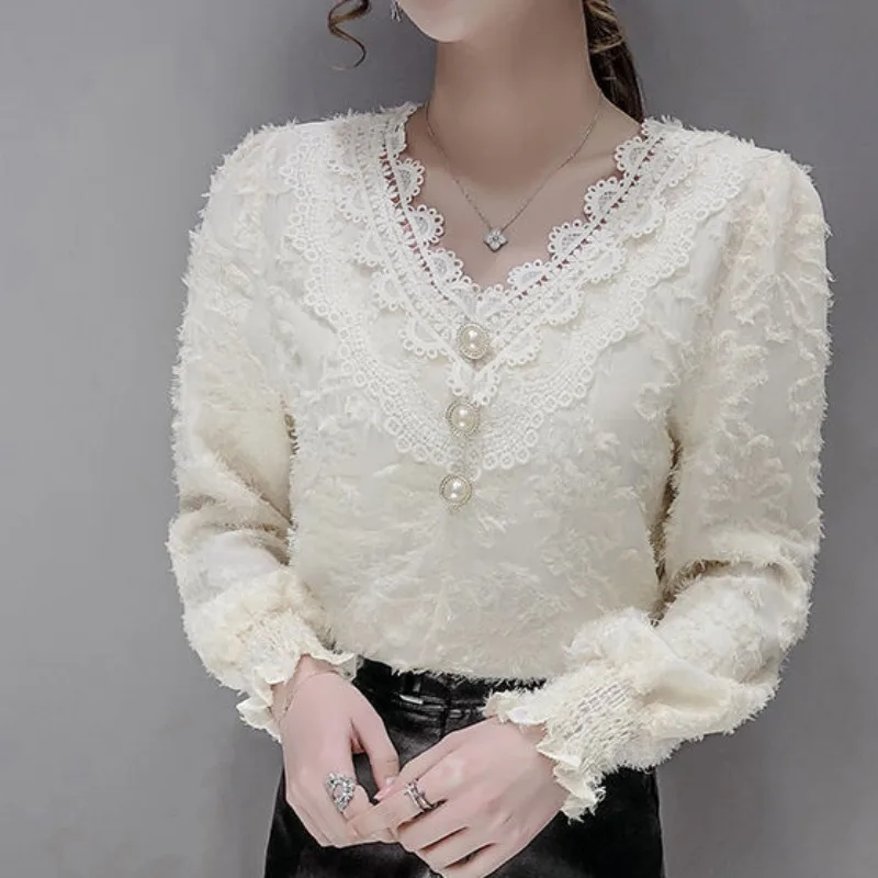 

Autumn Winter Women's Pullover V-Neck Solid Lace Embroidered Button Flocking Petal Long Sleeve Tees Fashion Casual Elegant Tops