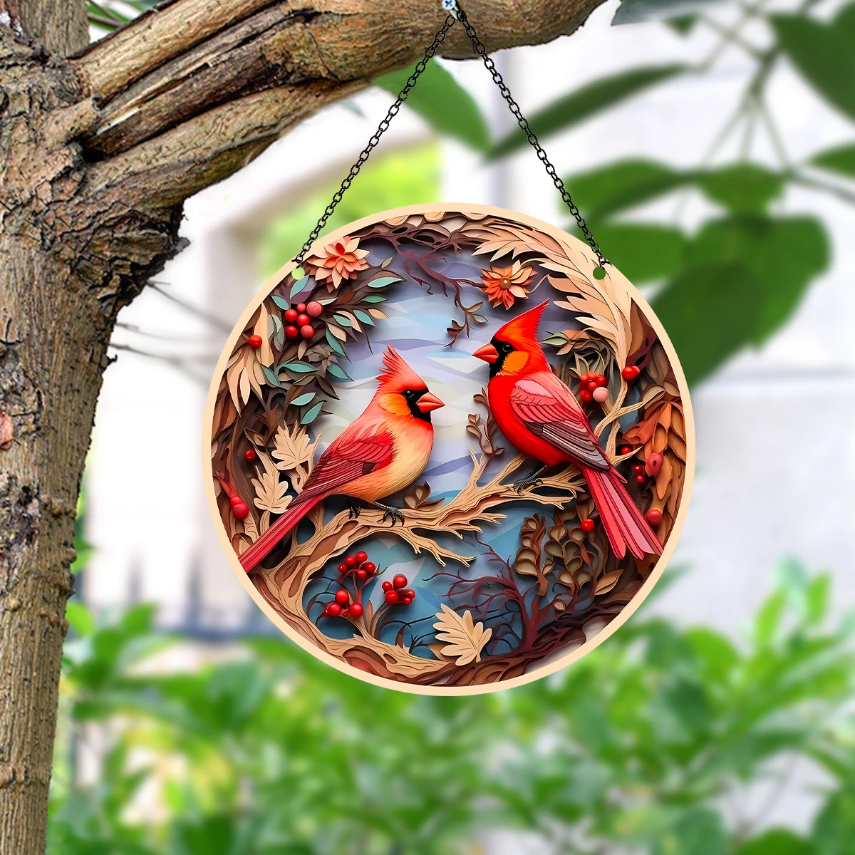 1PC, round red bird window sunshade, high-density acrylic material hanging decoration, home decoration, garden decoration