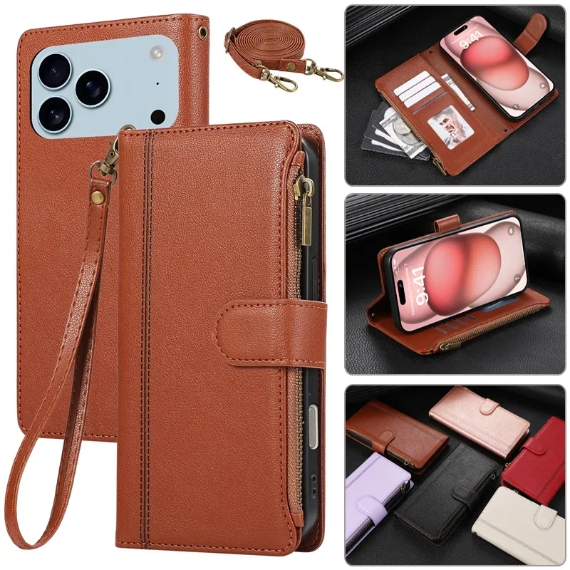 Zipper Leather Flip Wallet Phone Case with Lanyard and Card Holder