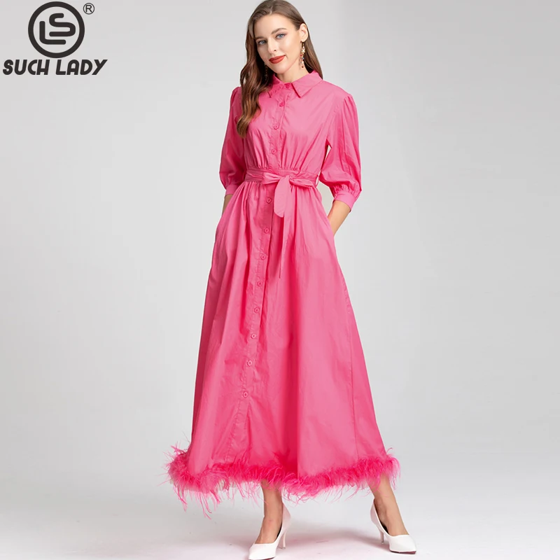 

Women's Dresses Turn Down Collar Short Lantern Sleeves Feathers Triming Fashion Elegant Long Vestidos