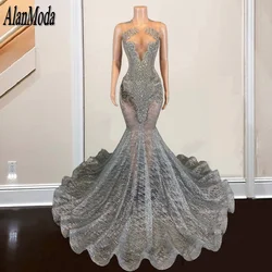 Luxury Silver Prom Dresses 2024 See Through Rhinestone Party Gowns Sequin Homecoming Dress Back Girls Vestidos De Gala