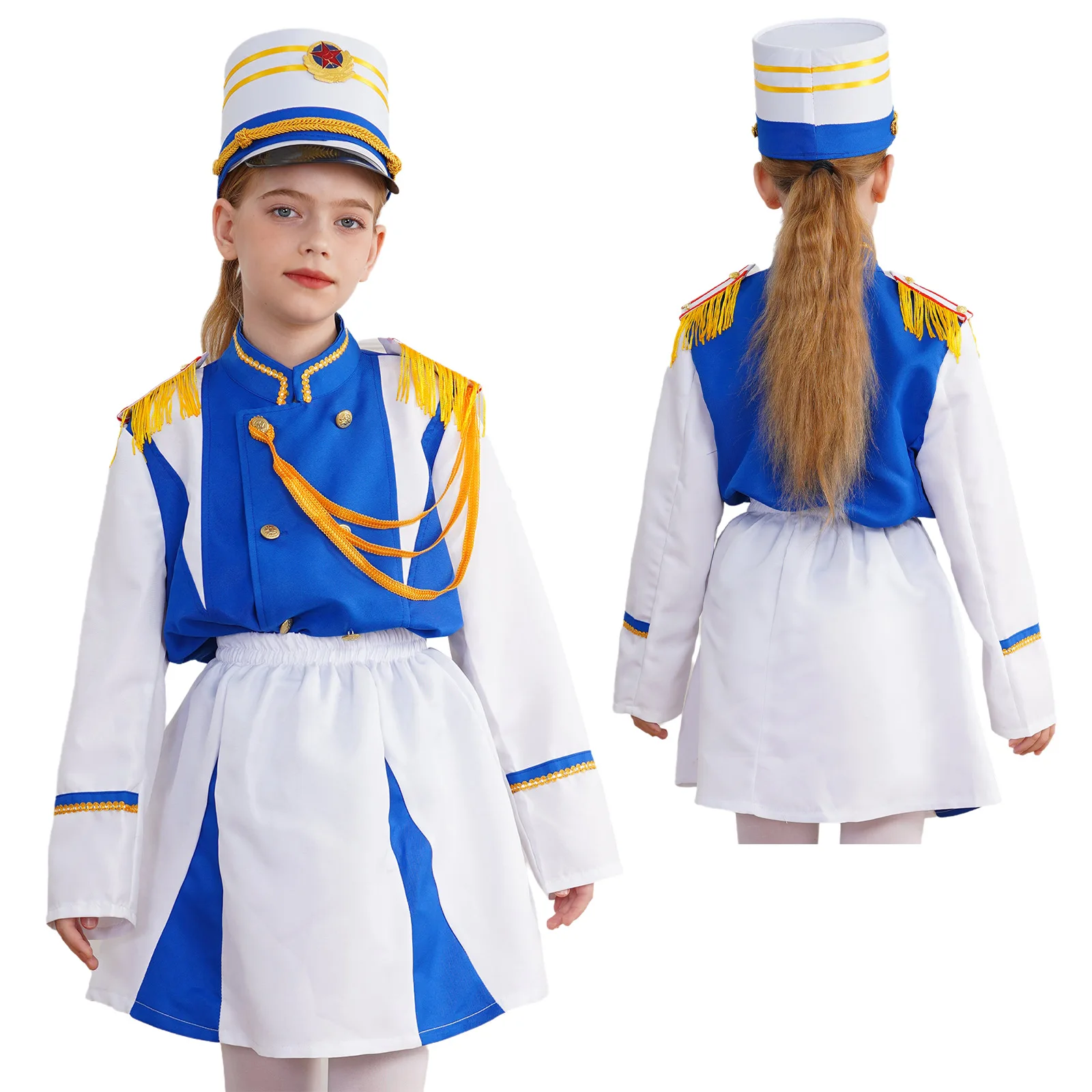 thumbnail image 1 of Disfraz de equipo de trompeta de tambor para niñas, uniforme de guardia de Honor, actuación de banda principal, trajes de Cosplay, Top con falda y gorro, conjunto de marcha, 1 of 5