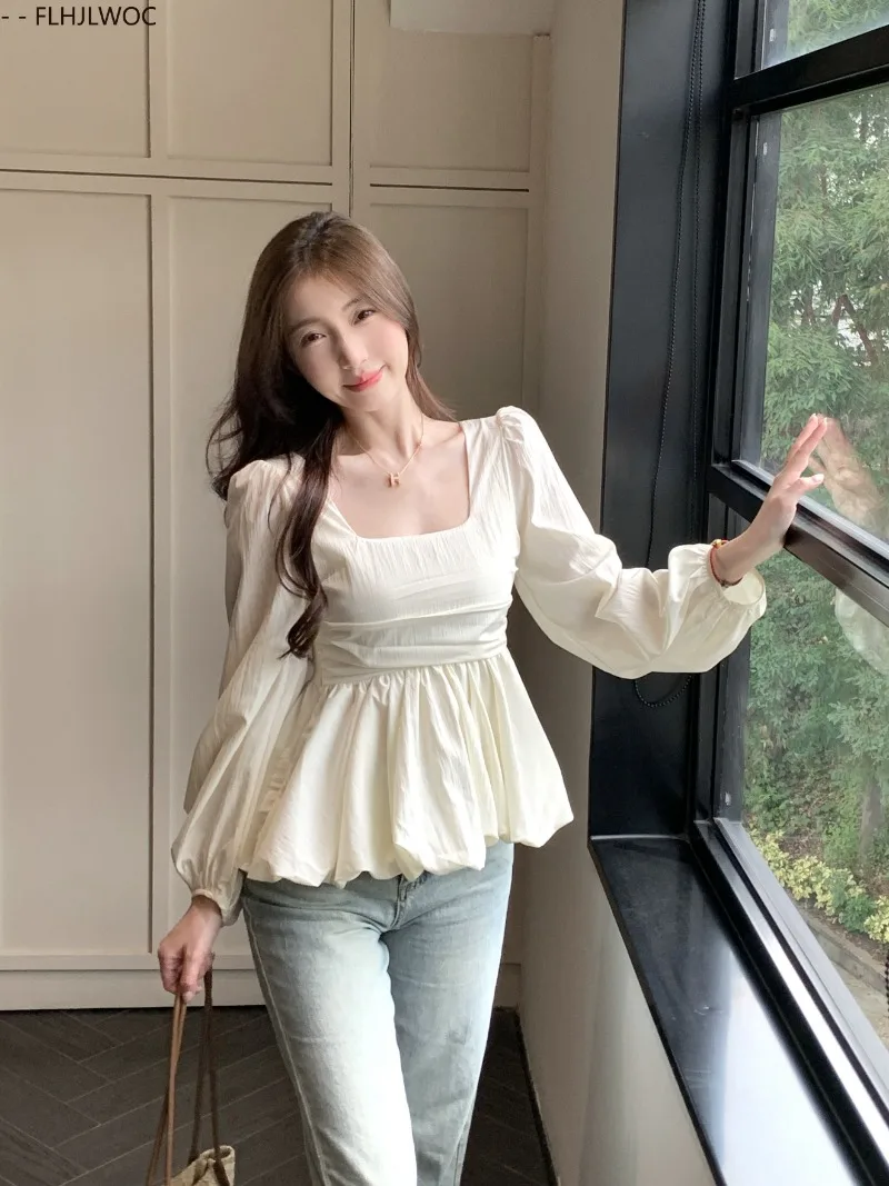 Belly Tunic Peplum Tops Blouses New Design Women Long Sleeve Casual Chic Korea Slim Fitted Black White Basics Shirts
