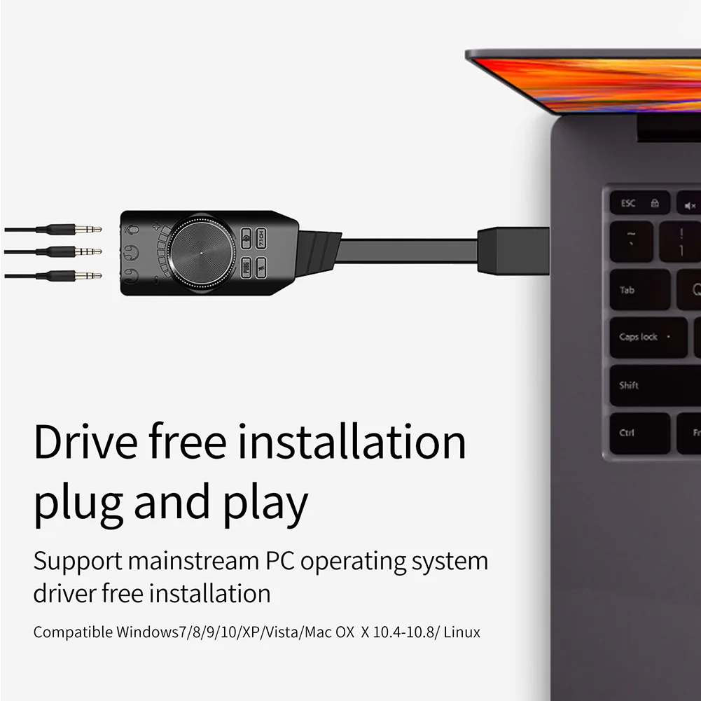 GS3 7.1 채널 USB 사운드 카드 어댑터 외부 볼륨 조절 가능 오디오 잭 케이블 음소거 스위치 조정(Windows용)