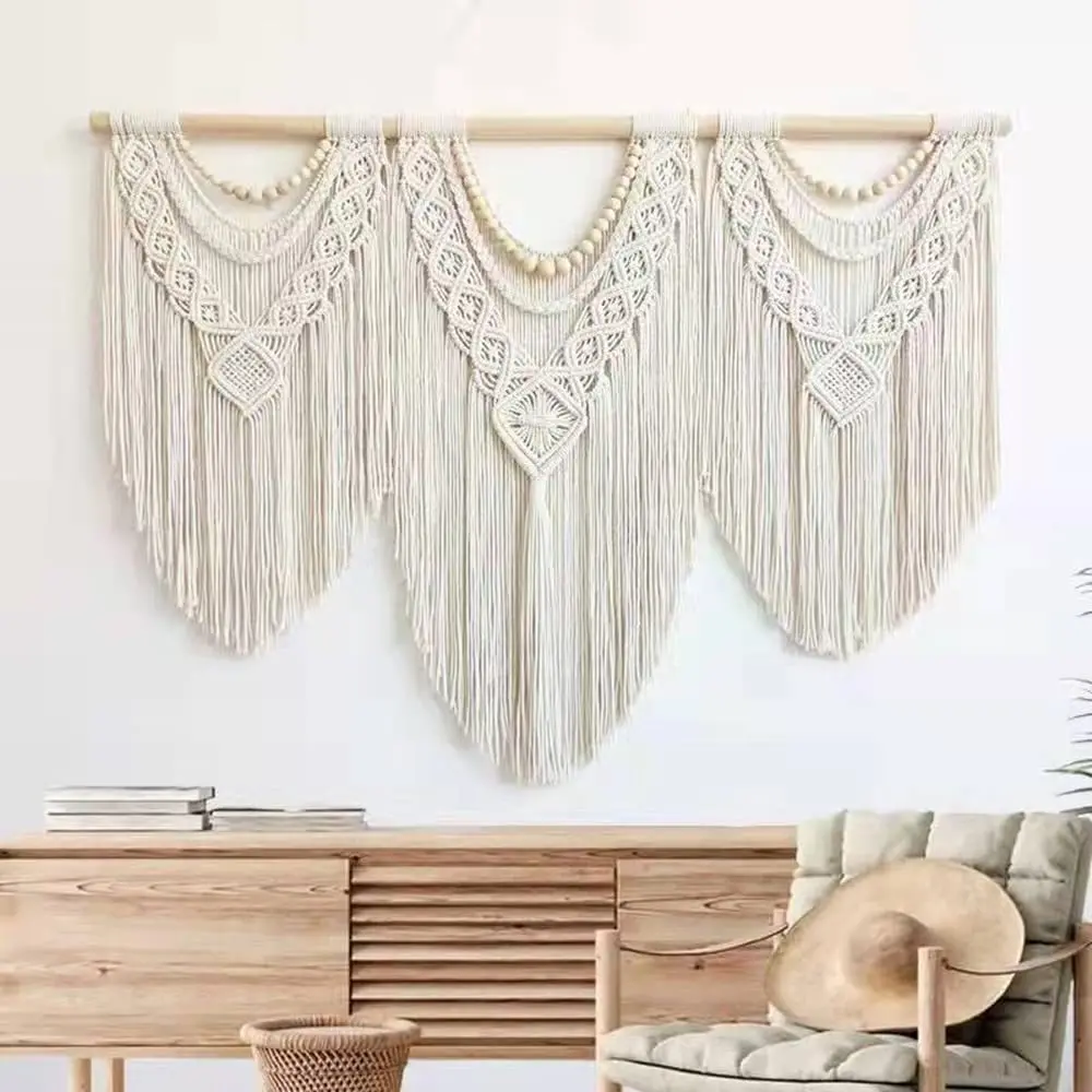 Large Macrame Wall Hanging Tapestry Wooden Stick Hand-Woven Bohemia Tassel Curtain Wedding Background Decor