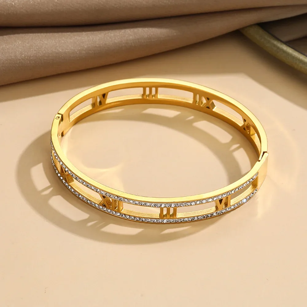 Luxury Crystal Hollow Roman Numeral Bracelets For Women Men Stainless Steel Unisex Bangle Fashion Classic Jewelry Accessories 3
