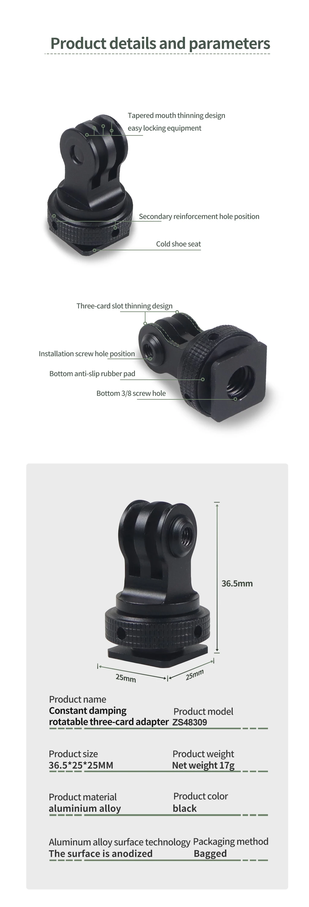 Description Picture 5 of item360 Swivel Cold Shoe Base Tripod Adapter Mount for GoPro 13 12 11 for DJI Osmo Action 4 3 Sports Camera Cage Monitor LED Bracket