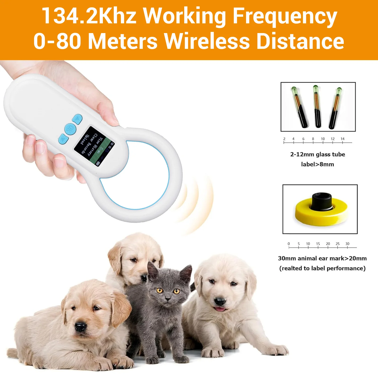 S20 Animal ID Scanner Pet Microchip Reader 500 Records Storage 134.2Khz 800mAh 0-80m Wireless Range for Railway Inspection