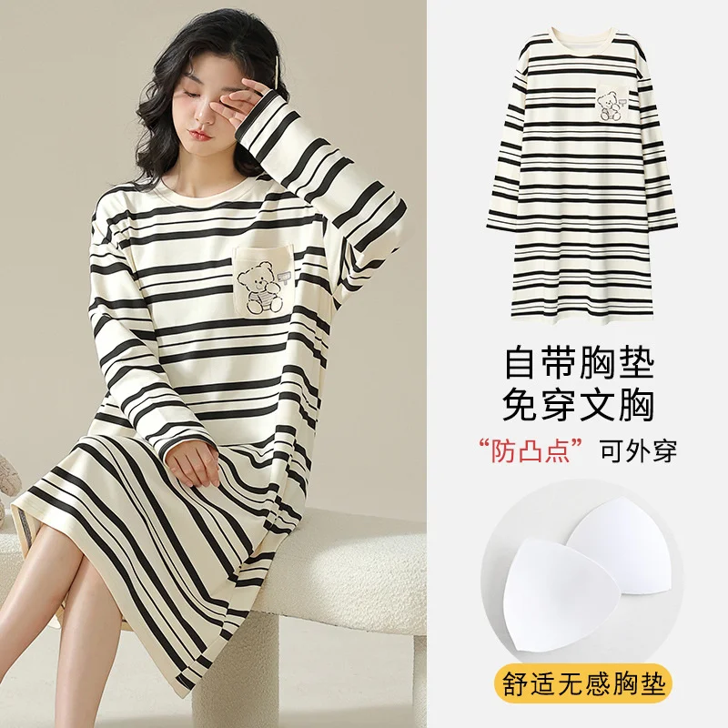 thumbnail image 1 of Camisón de algodón de manga larga para mujer, vestido de casa, camisones de dibujos animados, lencería con estampado de conejo lindo, vestido de noche de otoño e invierno, 1 of 5