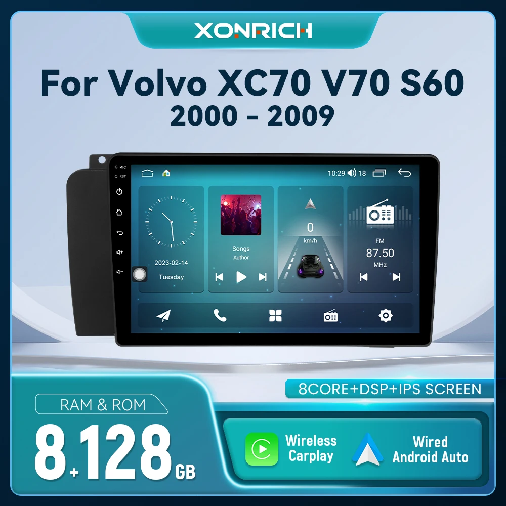 Reproductor de Radio inalámbrico Carplay para coche Volvo XC70 V70 S60 2000 - 2009 Android 14 navegación GPS DSP AI voz Multimedia RDS 1