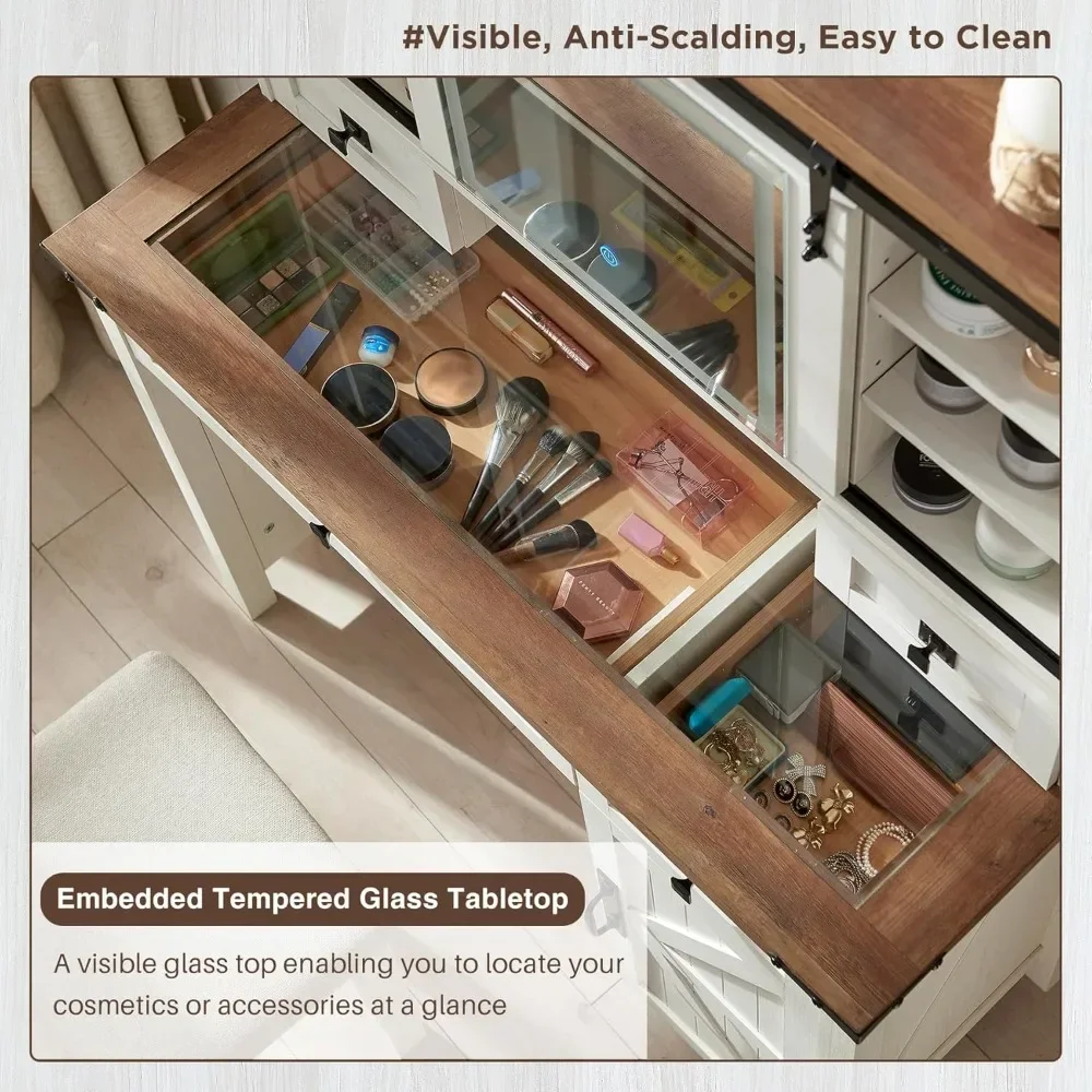 Sliding Mirror and Lights Glass Tabletop Vanity Table with Drawers Shelves Rustic Big Vanity Set for Bedroom Stool Included