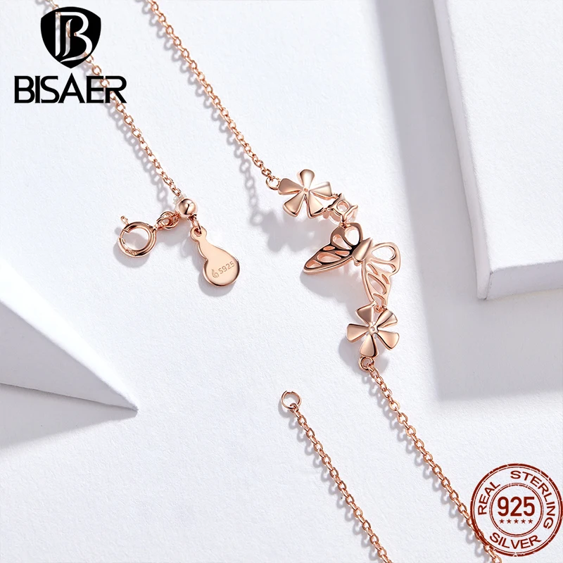 BISAER 나비 & 꽃 쥬얼리 세트 목걸이 귀걸이 도금 로즈 골드 여성을위한 우아한 파인 쥬얼리 선물
