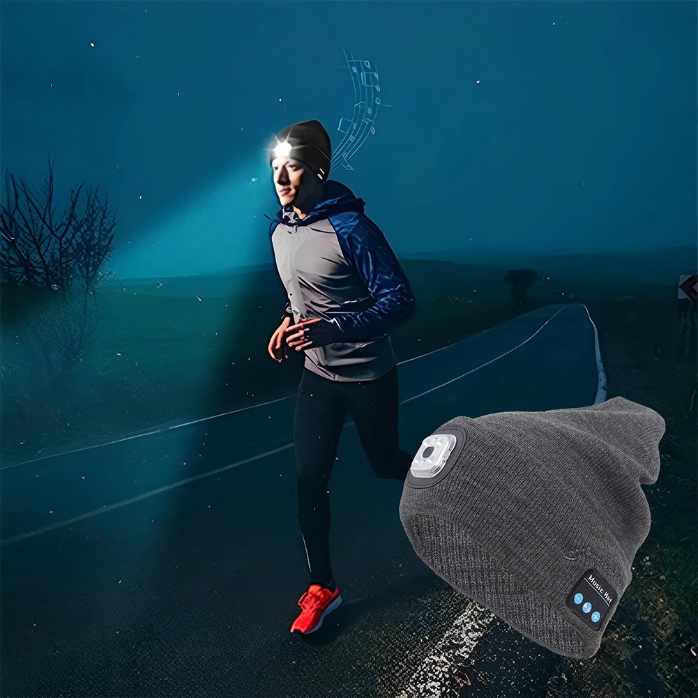 Bluetooth Beanie Hat with LED Headlamp and Wireless Headphones