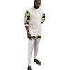 African Fashion White Men's Set Outfits 3/4 Sleeve Shirt With Pant Nigerian Print Original Design Groom Suits Party Wear 1