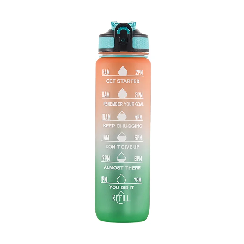 Water Bottle 1L with Straw Motivational Time Marker & Buckle Strap Leak-Proof Tritan BPA-Free Sports Water Bottle
