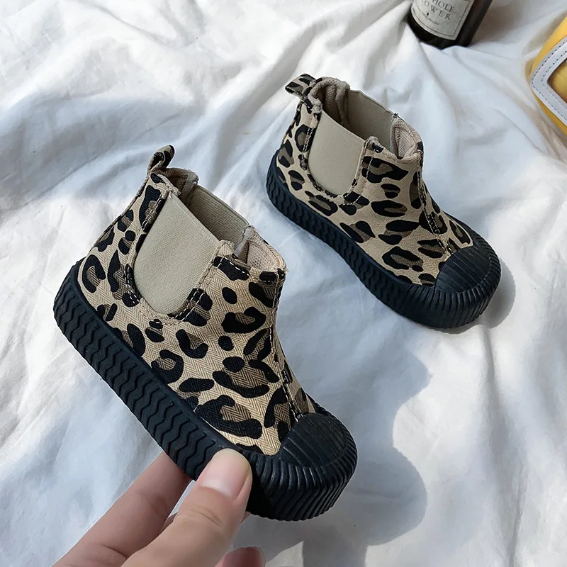 Children High-top Canvas Shoes Baby Cute Cookies Boots Girls Fashion Leopard Print Short Boots Boys Warm Army Green Cotton Shoes