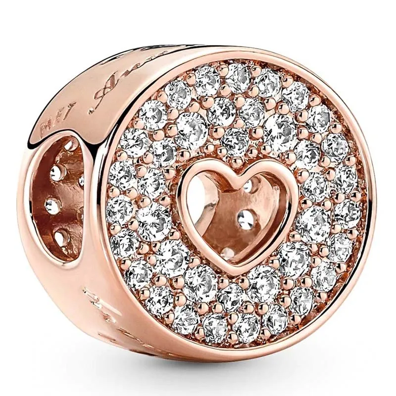 

Original Rose Openwork Pave & Heart Anniversary With Crystal Bead Fit 925 Sterling Silver Charm Bracelet Europe DIY Jewelry