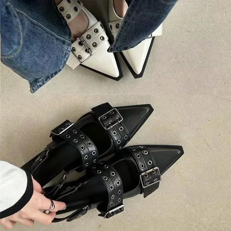 Strap shoes, Gothic thick heels, women's high heels, rivets, street style, medium heels, punk retro casual sandals 4