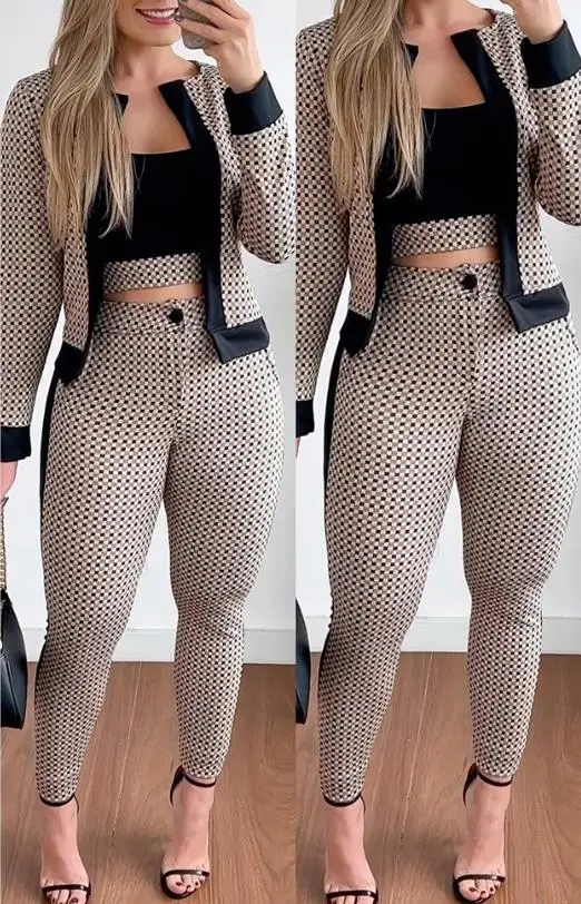 2023 Autumn Winter Spring New Fashion Casual Womens Two Piece Sets Outfit Plaid Print Contrast Paneled Coat & Pants Set spring paneled high end zipper set new trendy casual coat sweatpants men clothing