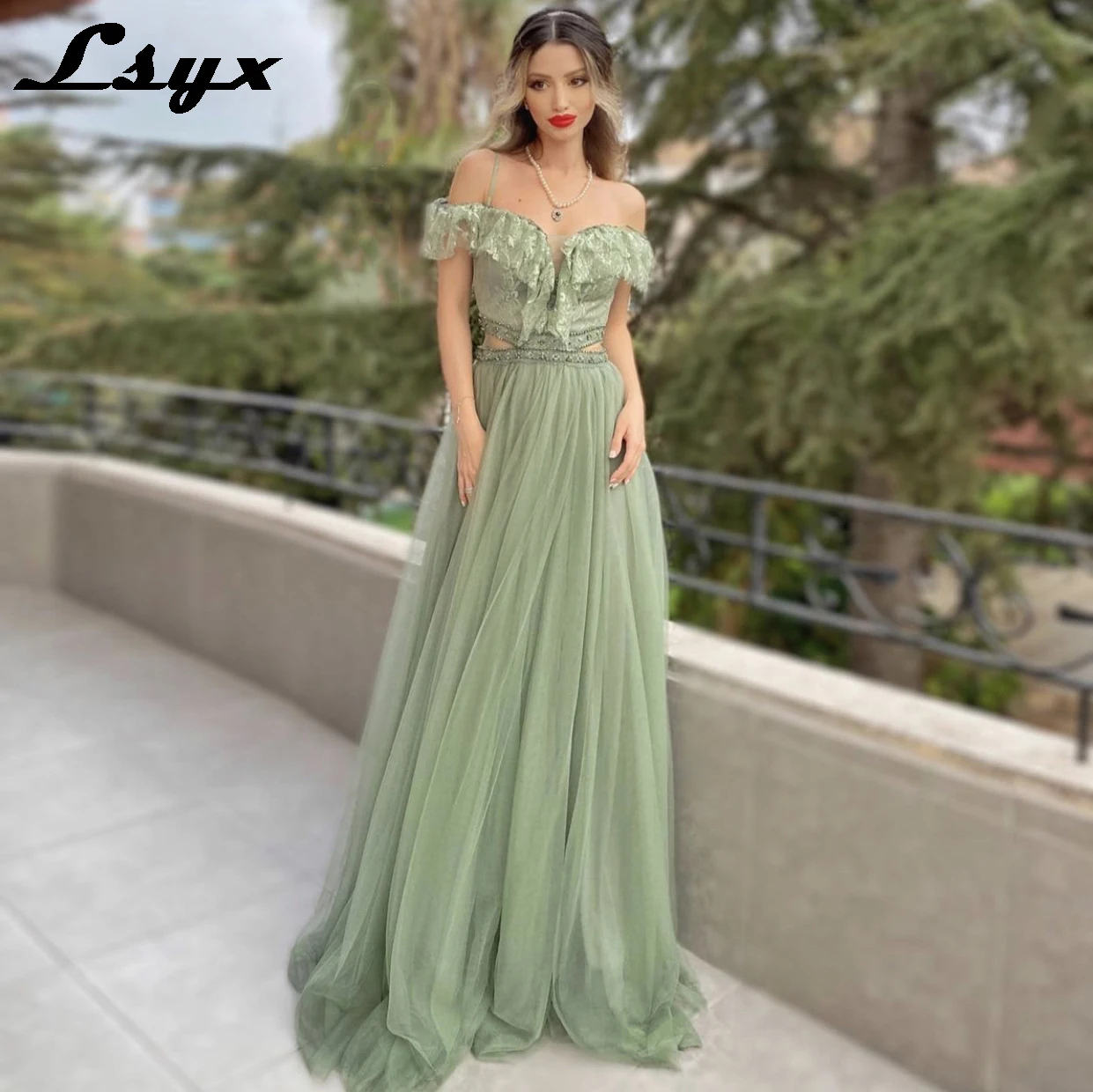 Lsyx-セージグリーンのイブニングドレス、Aライン、ピンセット 