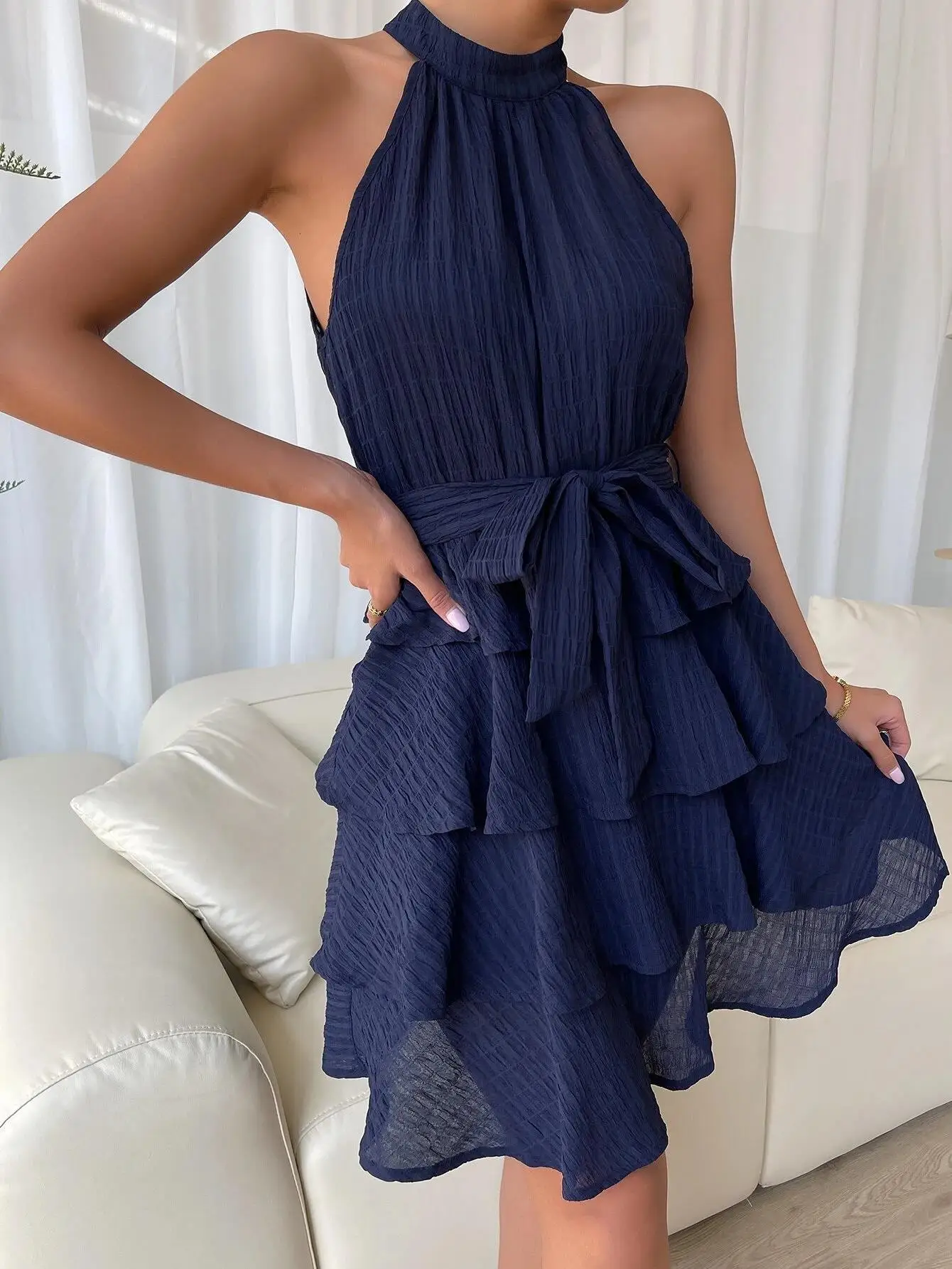Vestido Corto De Verano Missufe - Sin Mangas, De Punto, Cordón Lateral Ajustable, Ideal Para Looks Casuales