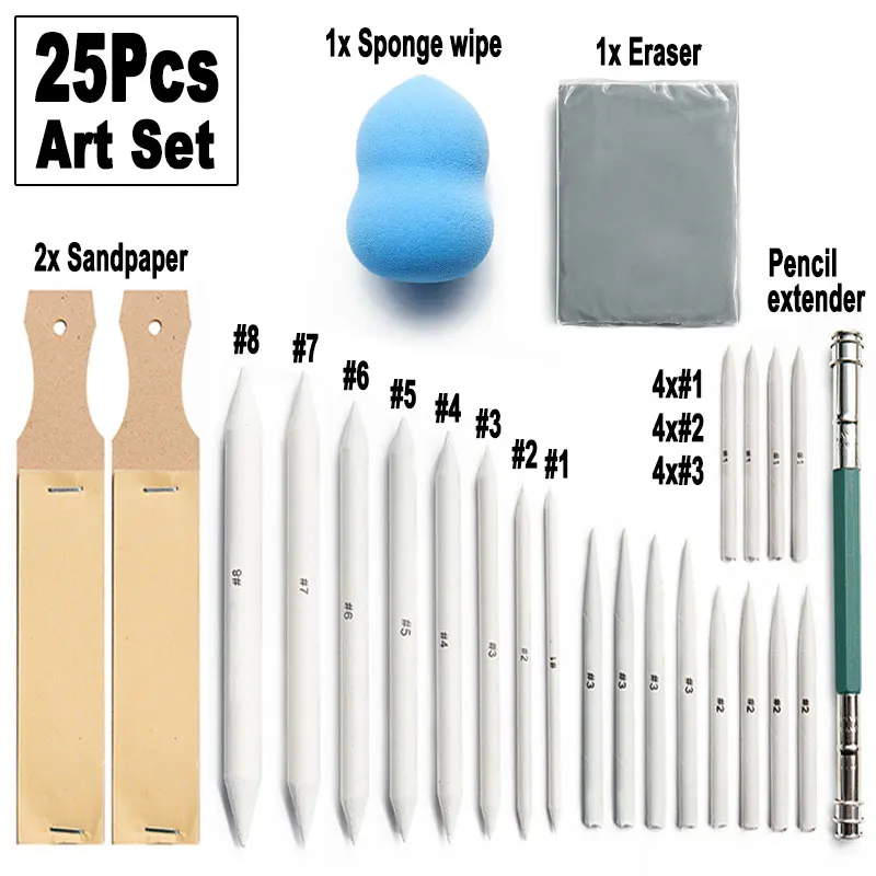 25Pcs 41Pcs Art Sketch Drawing Set Paper Blending Stump Brush Sandpaper Artist Smudge Knead Sponge Wiper Eraser Pencil Extender 24pcs artist blending stump and tortillion art blenders set with with 4pcs sandpaper 2pcs pencil extender for student sketching