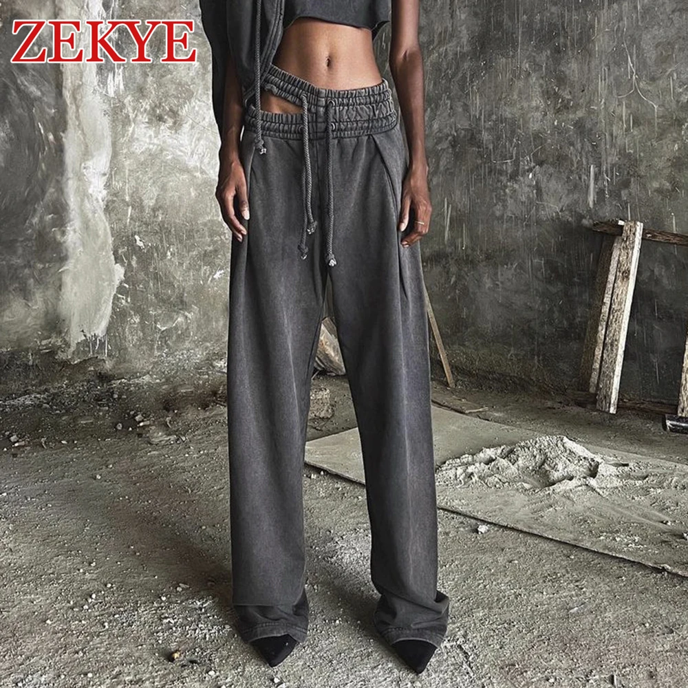 Zekye Retro Hollow Out Wide Waist Distressed Sweatpants Women Straight Leg Loose Grey Vintage Streetwear Pants Grunge Aesthetic