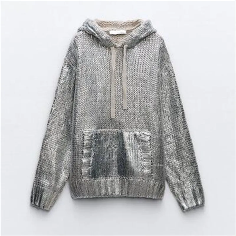 

Silver Metallic Rib Trim Foil Hooded Sweater Chic Long Sleeve Drawstring Pockets Pullover Top 2023 Autumn Loose Women Sweatshirt