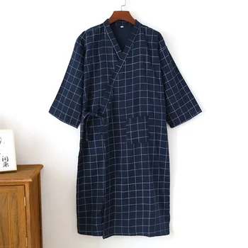 Accappatoio in garza di cotone da uomo Plus Size Kimono Camicia da notte Primavera Estate Sottile Yukata Cardigan Plaid Manica lunga Indumenti da notte Homewear 1