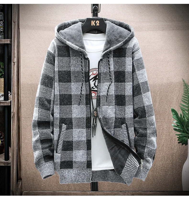 Description Picture 5 of itemMen's New Autumn Winter Plaid Sweater Hooded Cardigan Coat Wool Zipper Jacket Fleece Warm Windbreaker Pullovers Knit Jumper