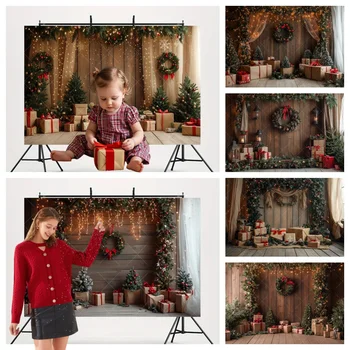 Christmas Wooden Door Photo Backdrop Vintage Xmas Wooden Floor Photography Background Gifts Kids Family Party Decor Photo Studio